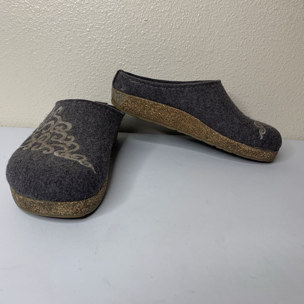 Haflinger Clog Slippers Slip On Gray Embroidered Pattern Women’s Sz 37 US 6